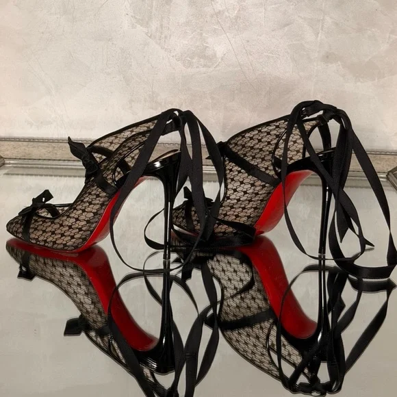 Christian Louboutin Black Lace Peep-Toe Ribbon Tie Pumps with Red Sole - Picture 8 of 9